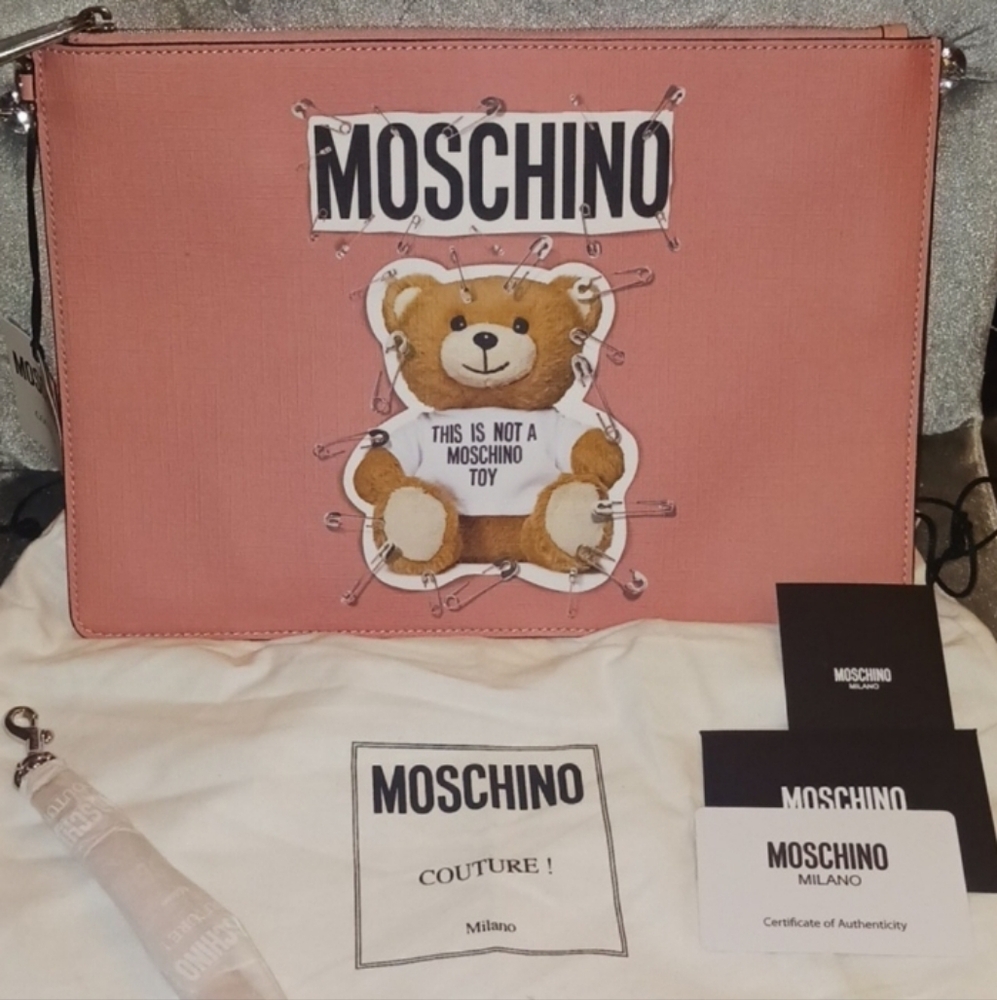 Moschino Robot Pin Pink Leather Clutch/ Wristlet  with Teddy Bear Design
